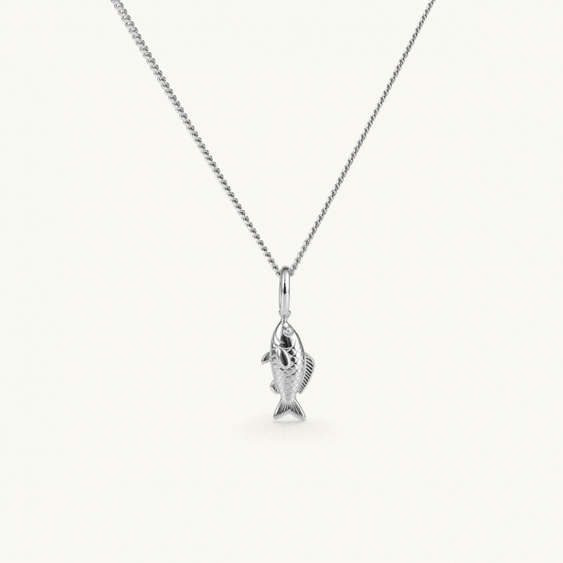 Silverhalsband med en fiskberlock hängande från en kedja. Berlocken har detaljer som visar fiskens form och textur. Ögonen har en vit cz-sten.
