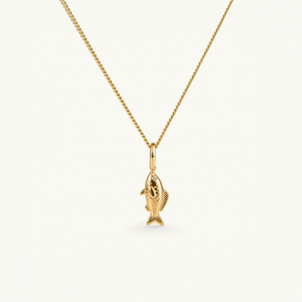 Halsband med en guldfärgad fiskberlock hängande från en kedja. Berlocken har detaljer som visar fiskens form och textur. Ögonen har en vit cz-sten.