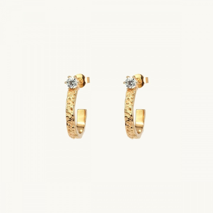 Hoops i guldförgylld mässing, krok, liten vit diamant, prinsess, mönstrad, skrovlig