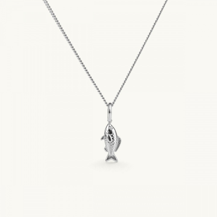 Silverhalsband med en fiskberlock hängande från en kedja. Berlocken har detaljer som visar fiskens form och textur. Ögonen har en vit cz-sten.